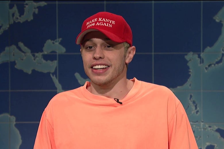 Pete Davidson, wearing a hat that reads "Make Kanye 2006 Again."